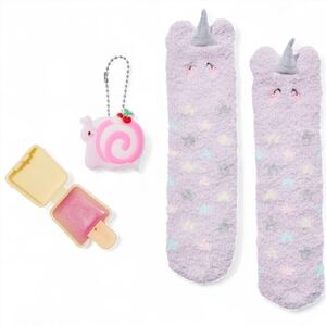Claire's Club Unicorn Cozy Socks + Pucker Pops Pink Swirl Snail Lip Gloss Bundle